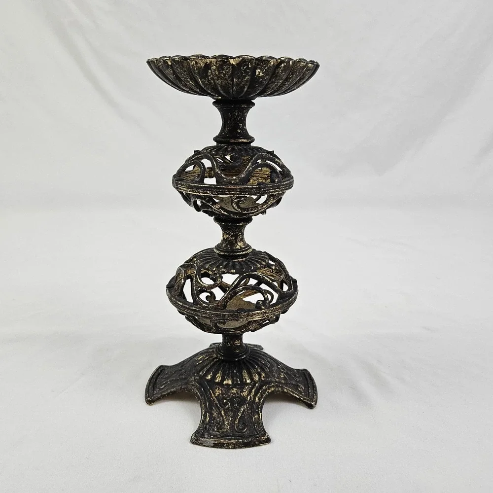 Brass Filigree Candle Holder Pierced Pillar Candlestick Moroccan Boho Old Patina